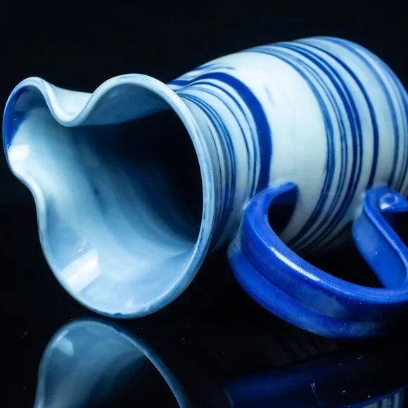 Handcrafted Blue & White Ceramic Pitcher With Swirl Design - Unique Wavy Rim - Picture 3 of 8
